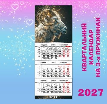 Квартальний настінний календар великий 2027, рік Кози 7