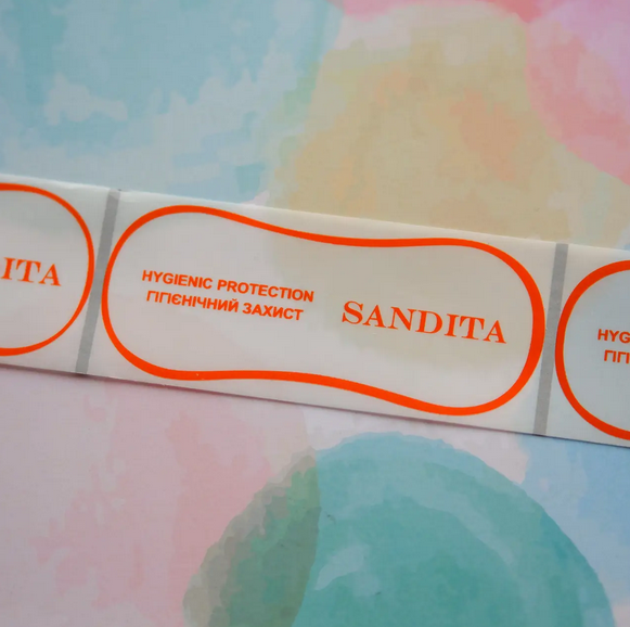 Гігієнічні наклейки сліп, 45х110мм, з логотипом (1 колір), прозора плівка в рулоні